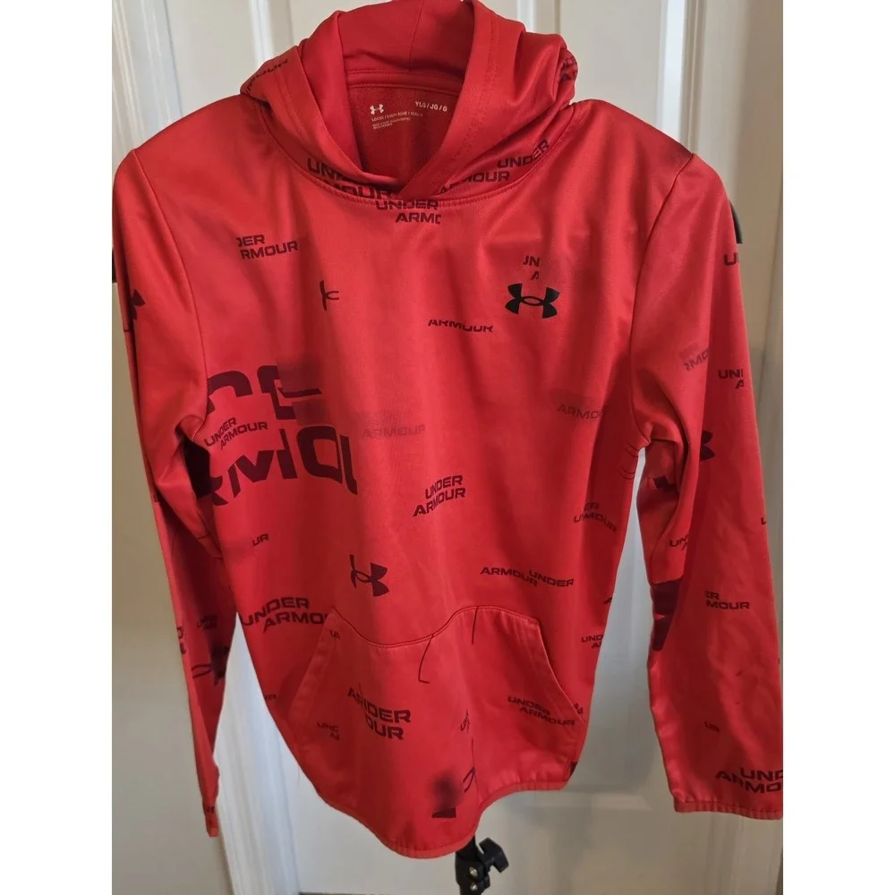 Under Armour Boys Youth Large YLG Red Black All Over Logo Fleece Hoodie